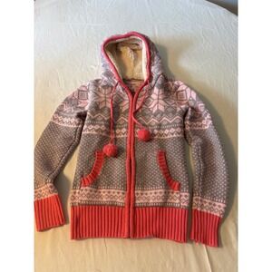 Between‎ Me & You Fair Isle Hoodie Kids Small Pink Grey Zip Up Pom Pom Excellent